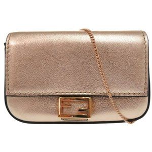 Fendi Nano Baguette Charm Chain Shoulder Pouch Mini Pochette Metallic Leather...